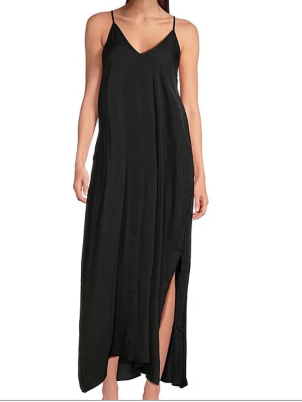 Van Winkle & Co. Solid Washed Satin Sleeveless V-Neck Maxi Chemise Black Size L